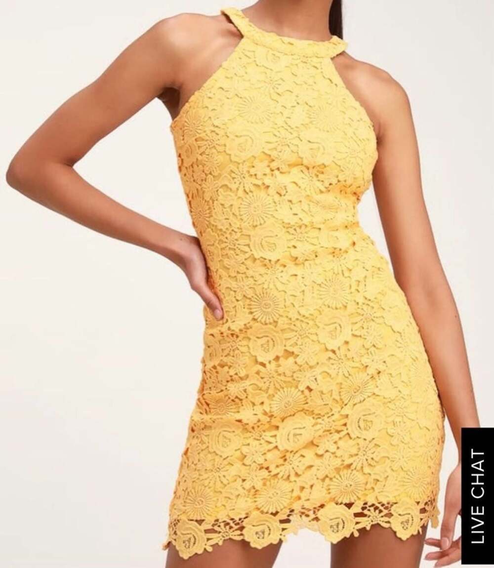 Lulus Yellow Crochet Lace Halter Bodycon Mini Dress